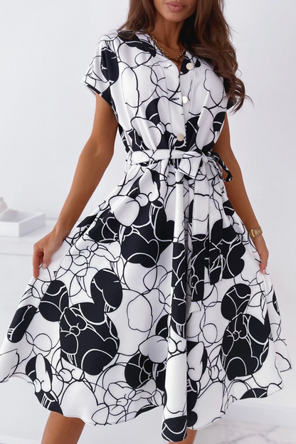 Elegant Print Buckle With Belt V Neck A Line Dresses(5 colors)