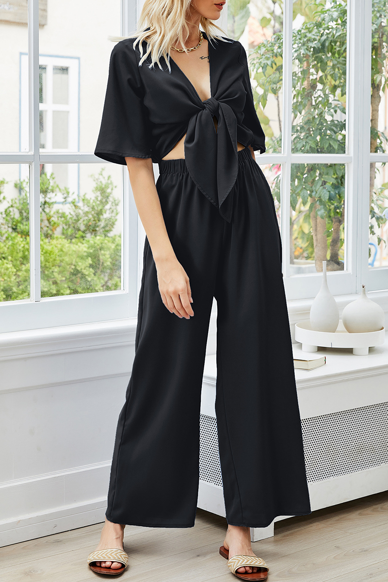 Casual Solid Split Joint Strap Design V Neck Jumpsuits