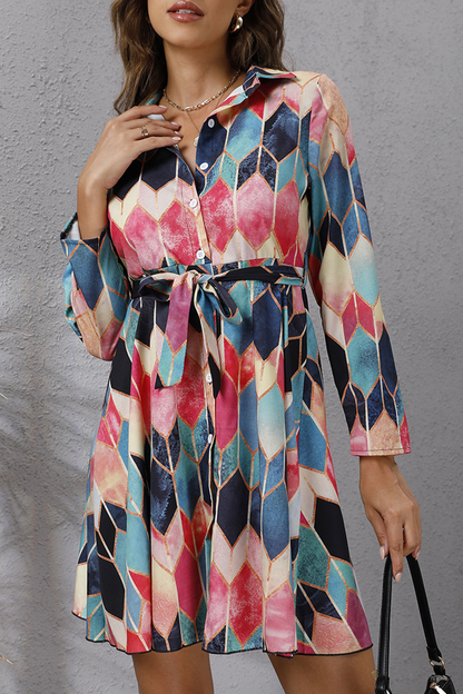 Elegant Geometric Print Buckle With Belt Turndown Collar A Line Dresses