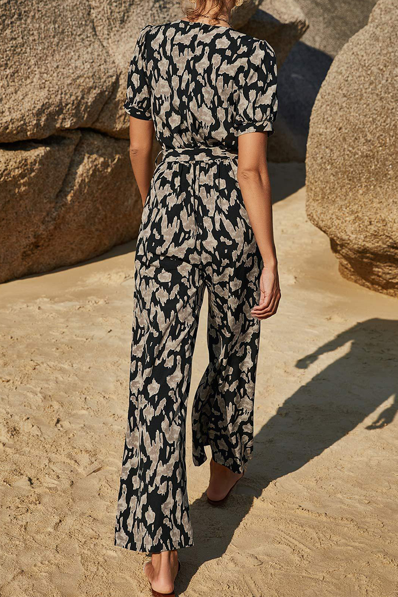 Elegant Print Patchwork Strap Design V Neck Straight Jumpsuits