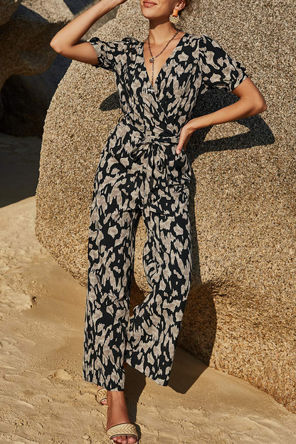 Elegant Print Patchwork Strap Design V Neck Straight Jumpsuits