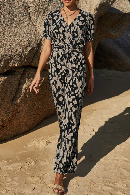 Elegant Print Patchwork Strap Design V Neck Straight Jumpsuits