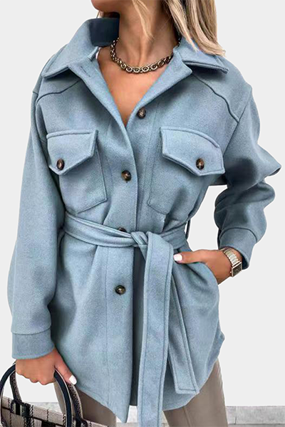 Casual Street Solid Buckle With Belt Turndown Collar Outerwear（8 Colors)）