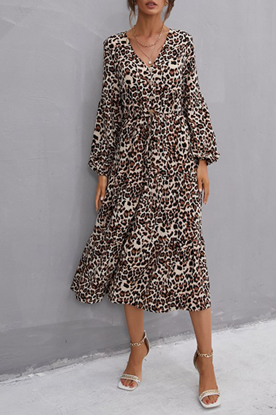 Elegant Leopard Frenulum Buckle A Line Dresses