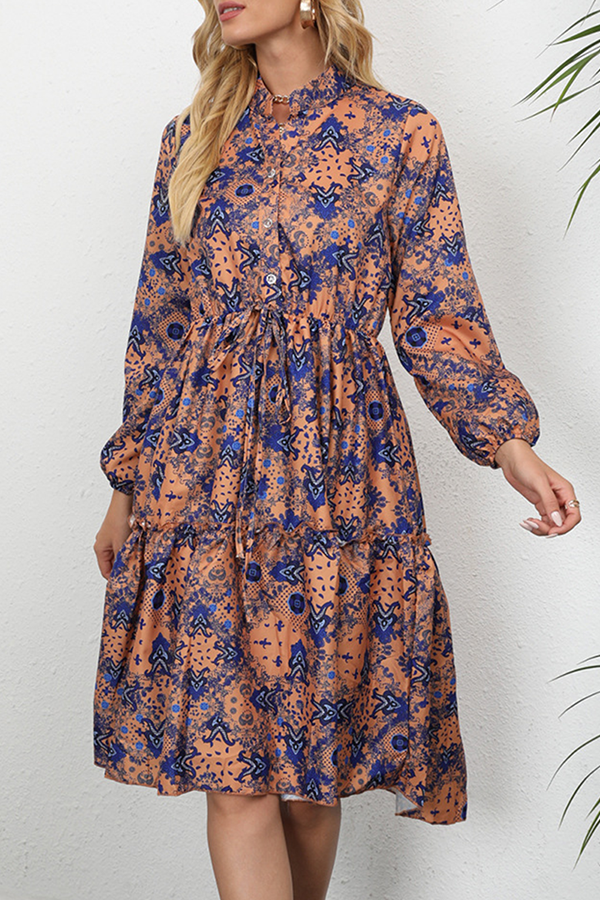 Elegant Print Buckle Stringy Selvedge Mandarin Collar A Line Dresses