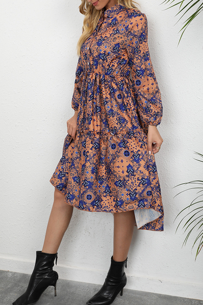 Elegant Print Buckle Stringy Selvedge Mandarin Collar A Line Dresses