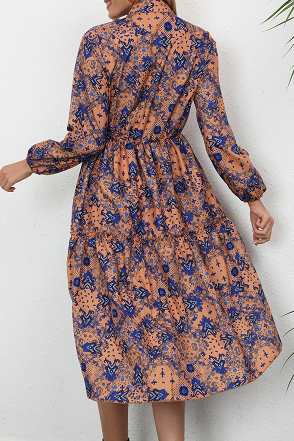 Elegant Print Buckle Stringy Selvedge Mandarin Collar A Line Dresses