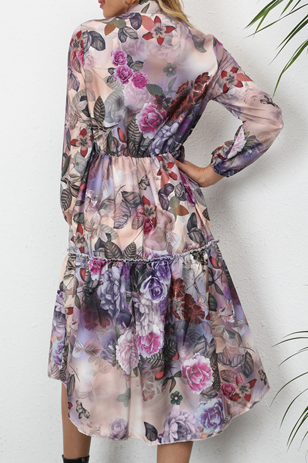 Elegant Print Buckle Stringy Selvedge Mandarin Collar A Line Dresses