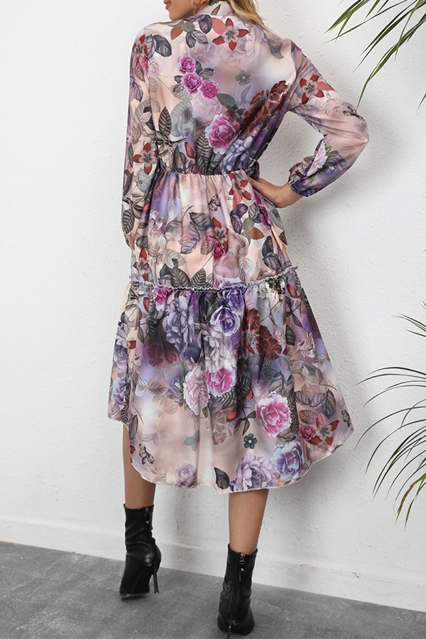 Elegant Print Buckle Stringy Selvedge Mandarin Collar A Line Dresses