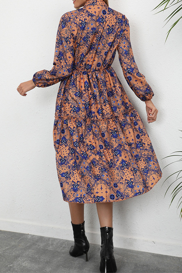 Elegant Print Buckle Stringy Selvedge Mandarin Collar A Line Dresses