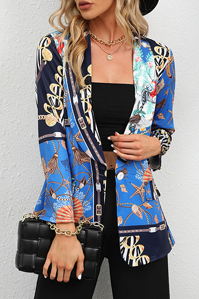 Elegant Print Split Joint Buttons Turndown Collar Outerwear