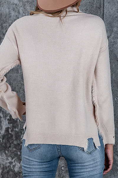 Casual Solid Tassel Slit V Neck Tops Sweater