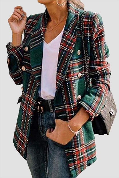 Casual Plaid Patchwork Buckle Turndown Collar Outerwear(4 colors)