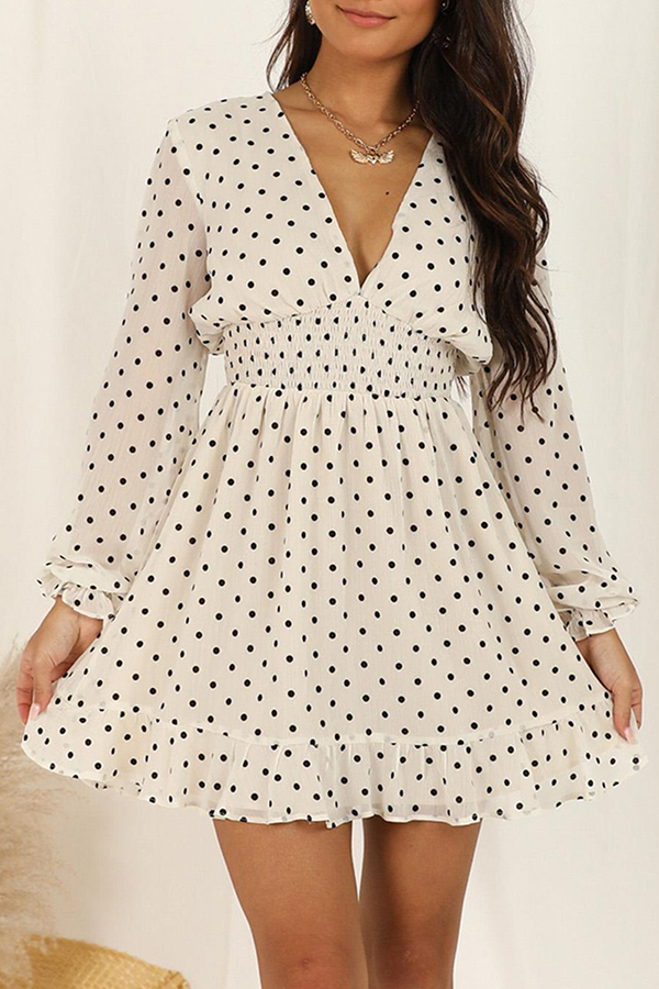 Elegant Polka Dot Patchwork Flounce V Neck Waist Skirt Dresses