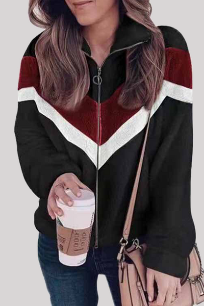 Casual Striped Split Joint  Contrast Zipper Collar Outerwear