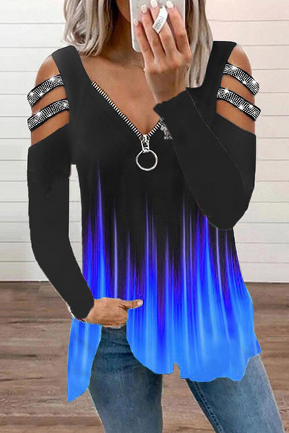 Casual Street Print Hollowed Out Hot Drill Zipper V Neck Tops