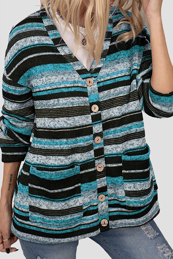 Casual Striped Pocket Buckle V Neck Outerwear