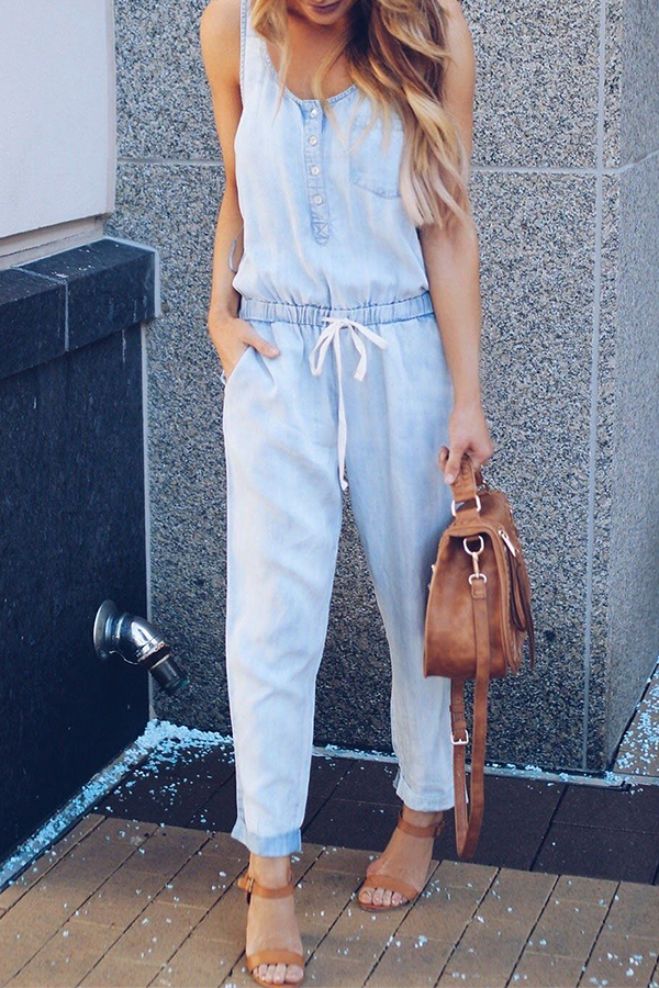 Casual Street Solid Frenulum Buckle U Neck Jumpsuits