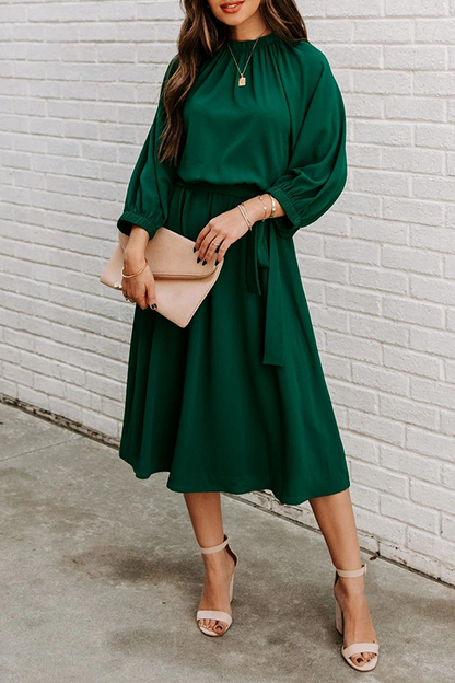 Casual Solid Split Joint With Belt O Neck Waist Skirt Dresses