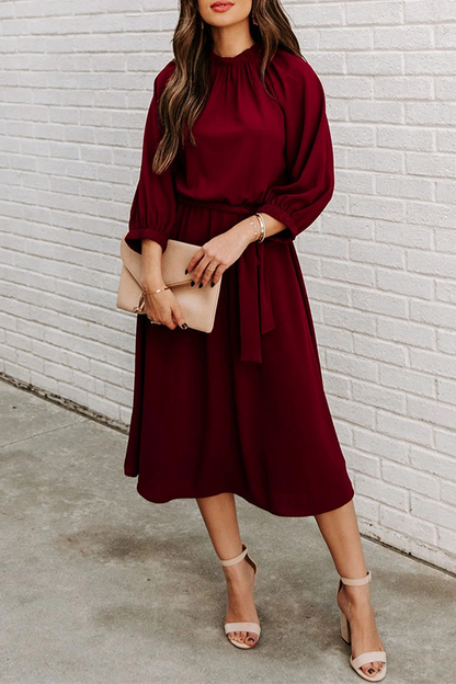 Casual Solid Split Joint With Belt O Neck Waist Skirt Dresses