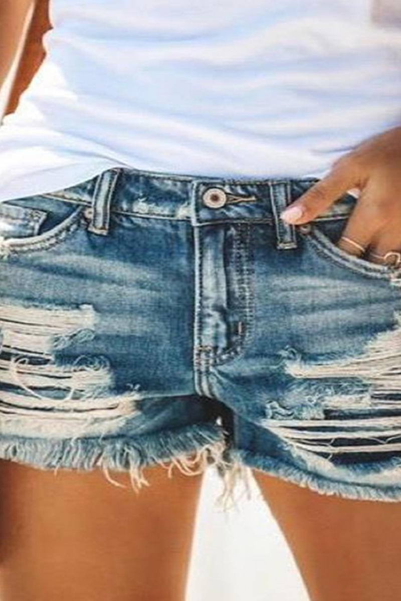 Casual Solid Ripped Mid Waist Straight Denim Shorts