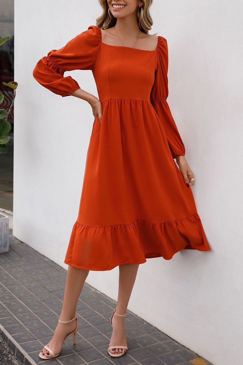 Casual Solid Split Joint Square Collar Waist Skirt Dresses