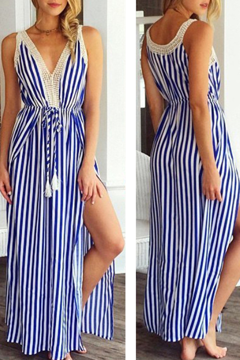 Casual Striped Patchwork V Neck Waist Skirt Dresses