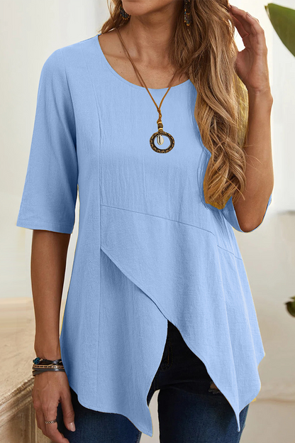 Casual Solid Slit O Neck T-Shirts