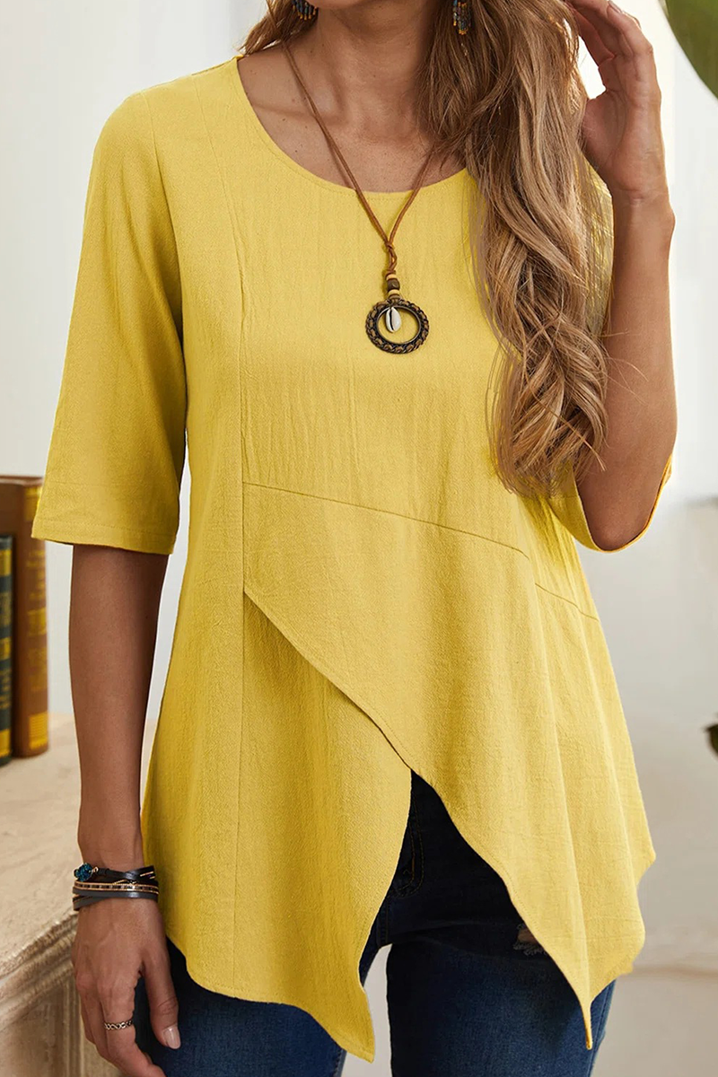 Casual Solid Slit O Neck T-Shirts