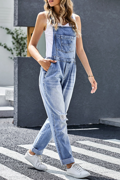 Casual Solid Sleeveless Harlan Denim Jumpsuits