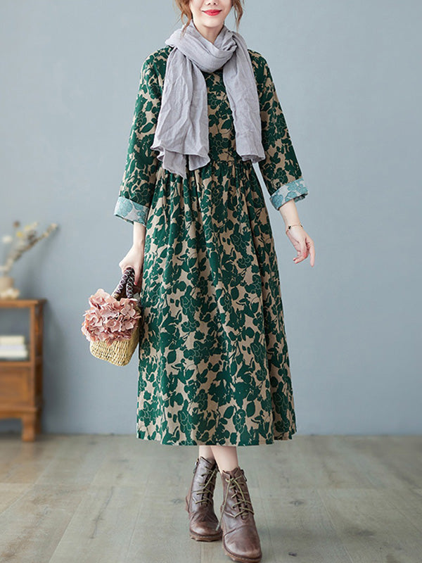 vmtvr - Artistic Retro Ramie Cotton Floral Printed Pleated Round-Neck Long Sleeves Midi Dress