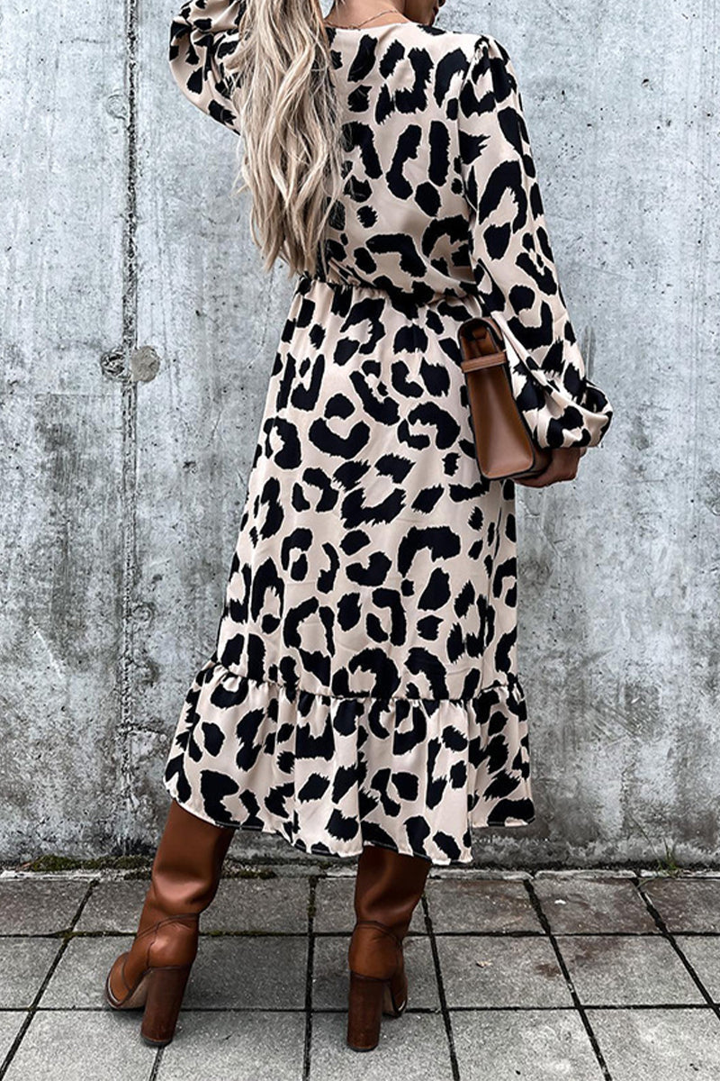 Elegant Leopard Printing V Neck Irregular Dress Dresses