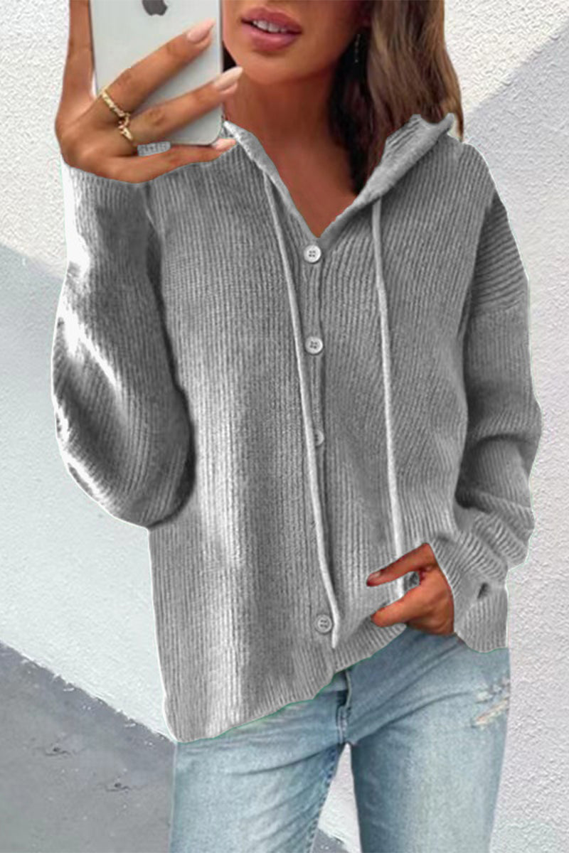 Elegant Solid Buttons Hooded Collar Tops(5 Colors)