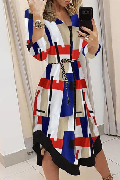 Elegant Print Printing Turndown Collar A Line Dresses