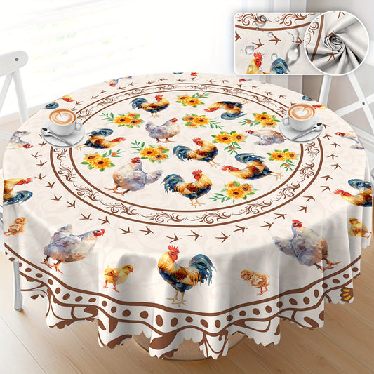 1pc Vintage Rooster Sunflower Chicken Pattern Tablecloth - Waterproof, Wrinkle Resistant, Machine Washable Farmhouse Rustic Decorations with Scalloped Edge - Polyester Table Cover for Indoor Outdoor Use