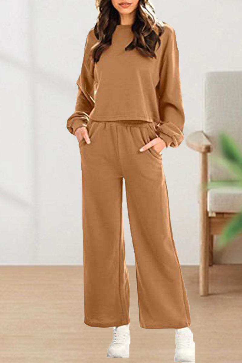 Casual Solid Solid Color O Neck Long Sleeve Two Pieces