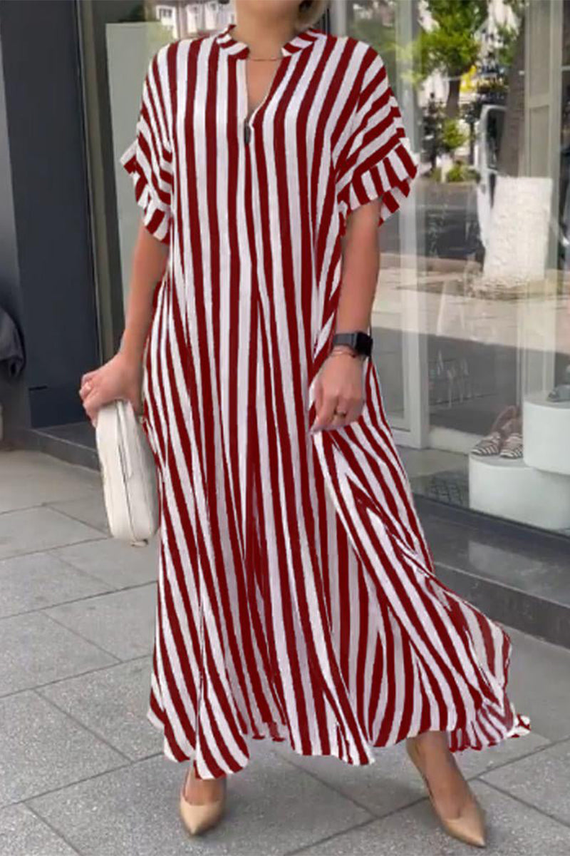 Casual Striped Patchwork V Neck Straight Dresses(3 Colors)