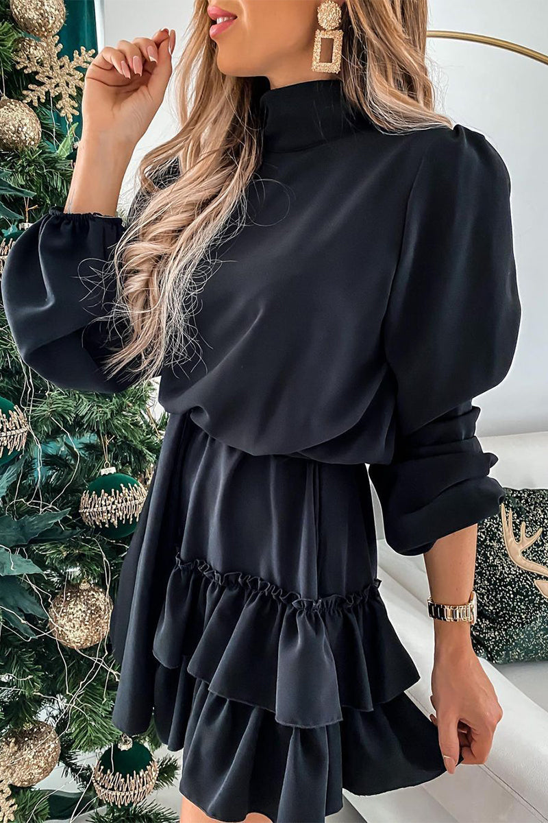 Elegant Solid Flounce Half A Turtleneck Cake Skirt Dresses