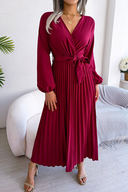 Elegant Solid Frenulum Fold V Neck Pleated Dresses(5 Colors)