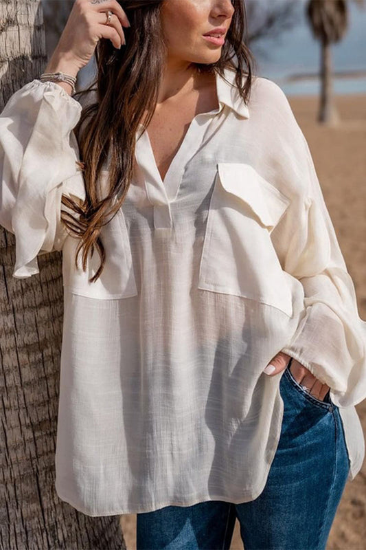 Casual Solid Pocket Turndown Collar Blouses