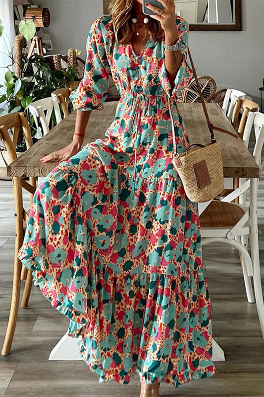 Elegant Print Patchwork V Neck A Line Dresses