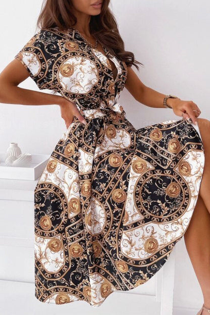 Celebrities Elegant Print Patchwork V Neck Shirt Dress Dresses