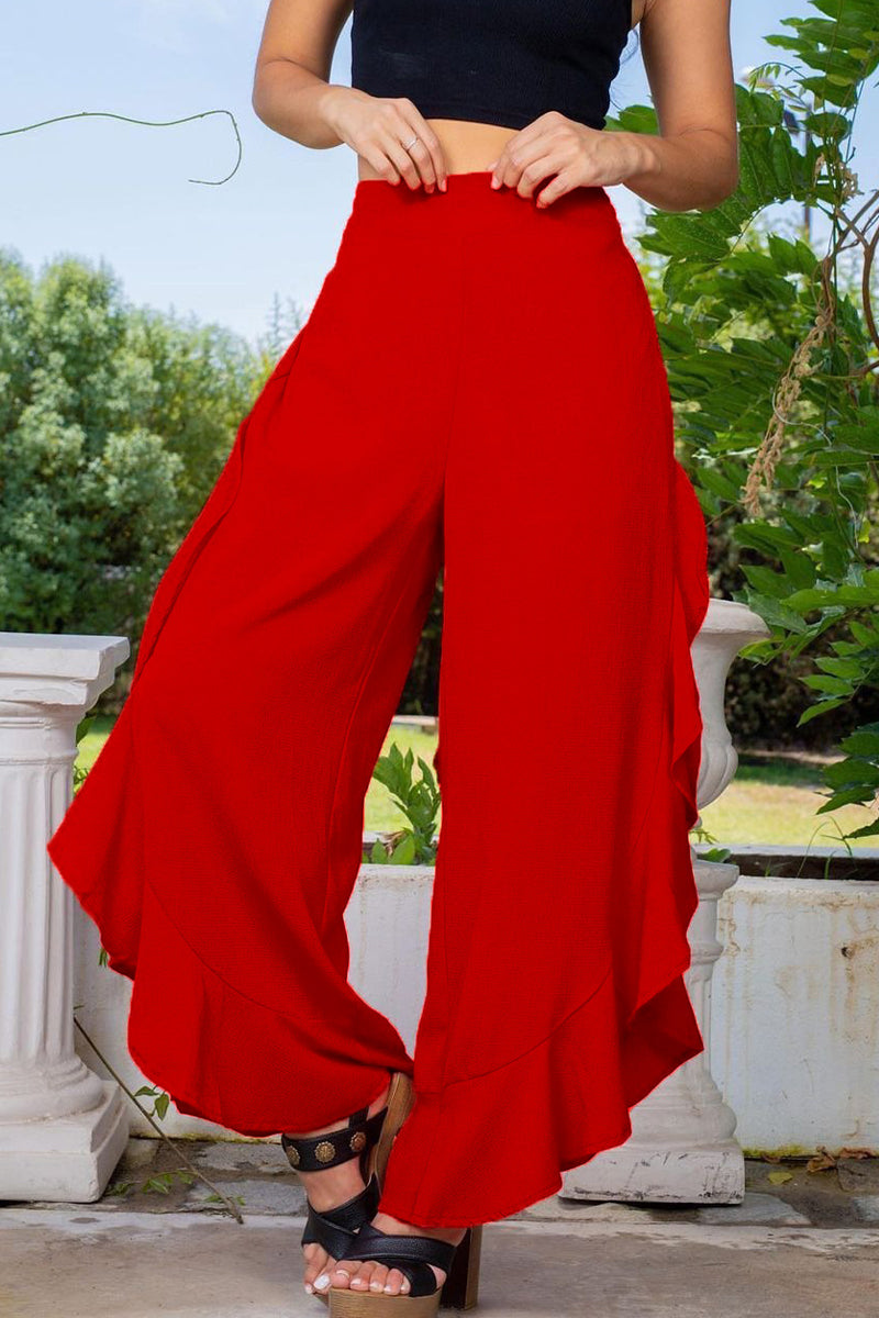 Casual Street Simplicity Solid Flounce Asymmetrical Loose High Waist Wide Leg Solid Color Bottoms