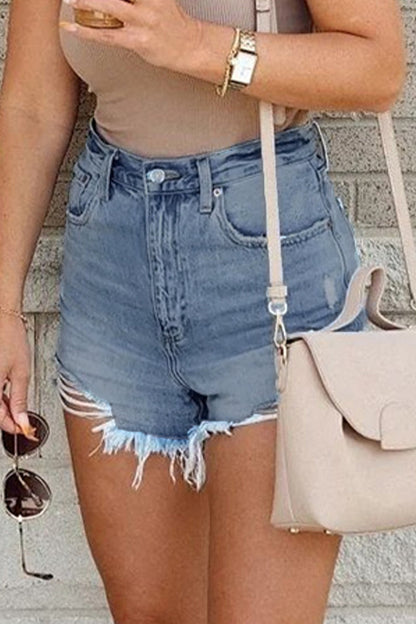 Casual Street Solid Ripped High Waist Denim Shorts