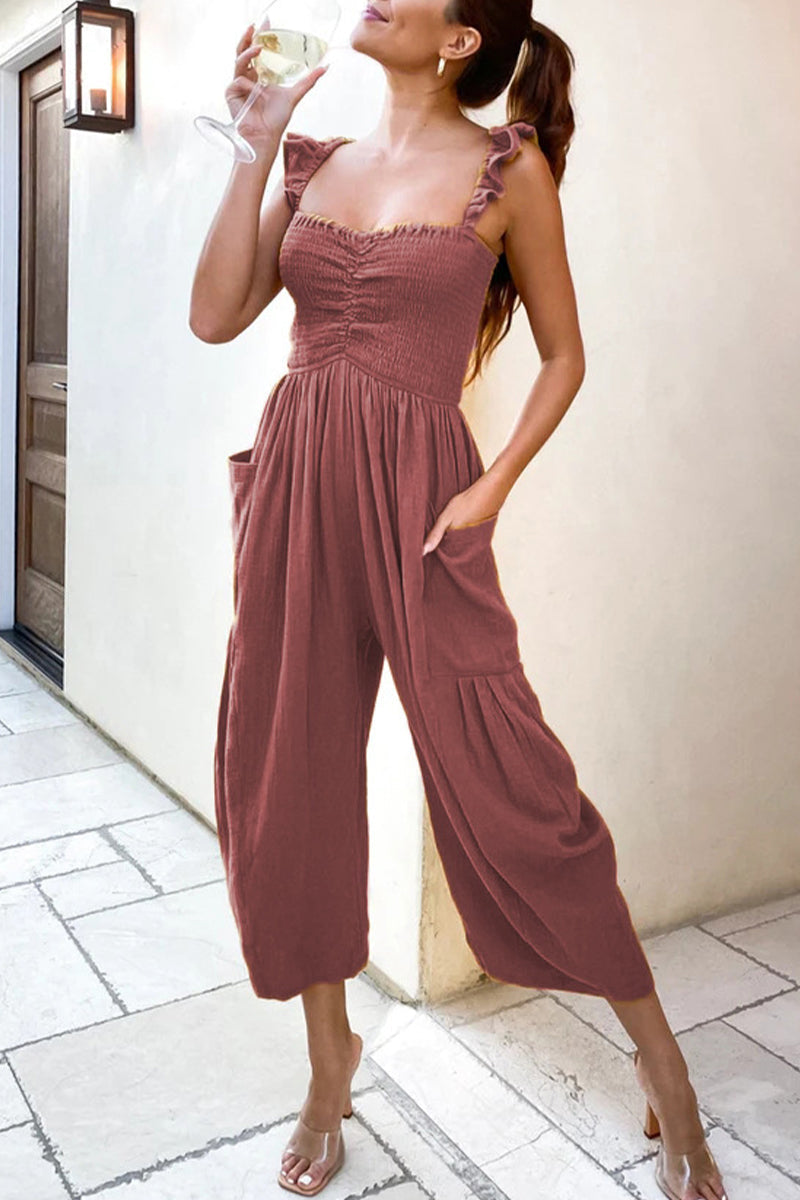 Casual Street Solid Patchwork Pocket Spaghetti Strap Straight Jumpsuits(4 Colors)