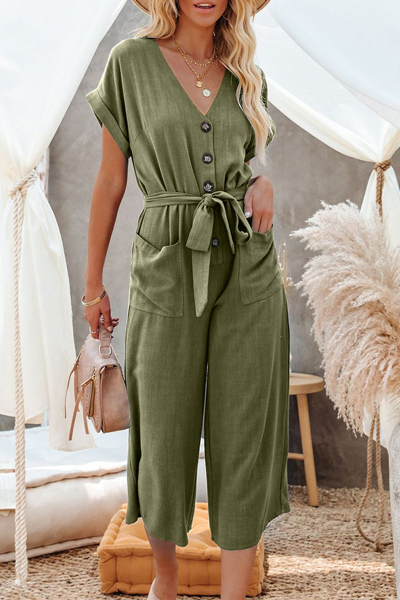 Casual Solid Pocket Frenulum Buckle V Neck Jumpsuits(5 Colors)