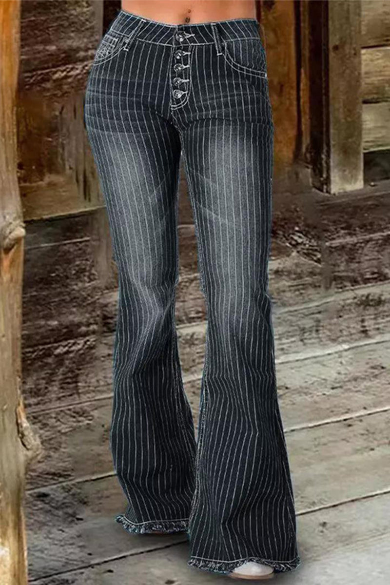 Casual Street Striped Make Old Mid Waist Regular Denim Jeans