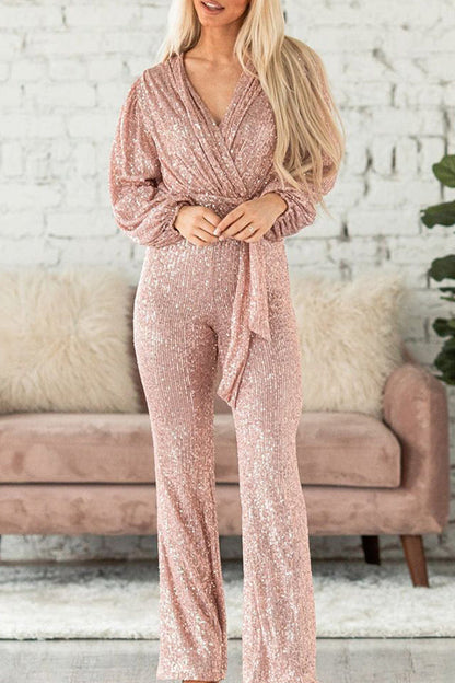 Casual Elegant Solid Sequins V Neck Regular Jumpsuits(3 Colors)