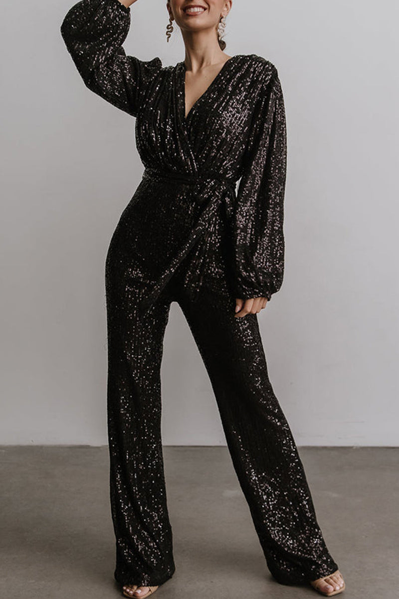 Casual Elegant Solid Sequins V Neck Regular Jumpsuits(3 Colors)