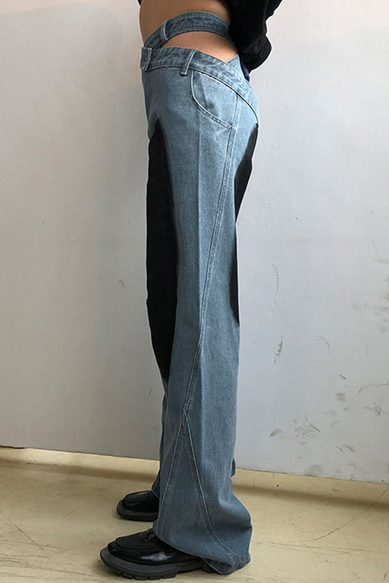 Casual Street Print Patchwork Zipper High Waist Straight Denim Jeans